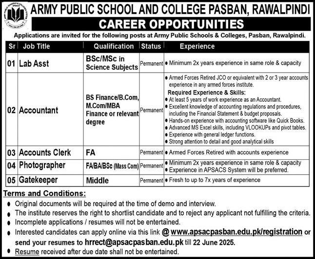 Army Public School and College Pasban Rawalpindi Announces New Job Vacancies 2025